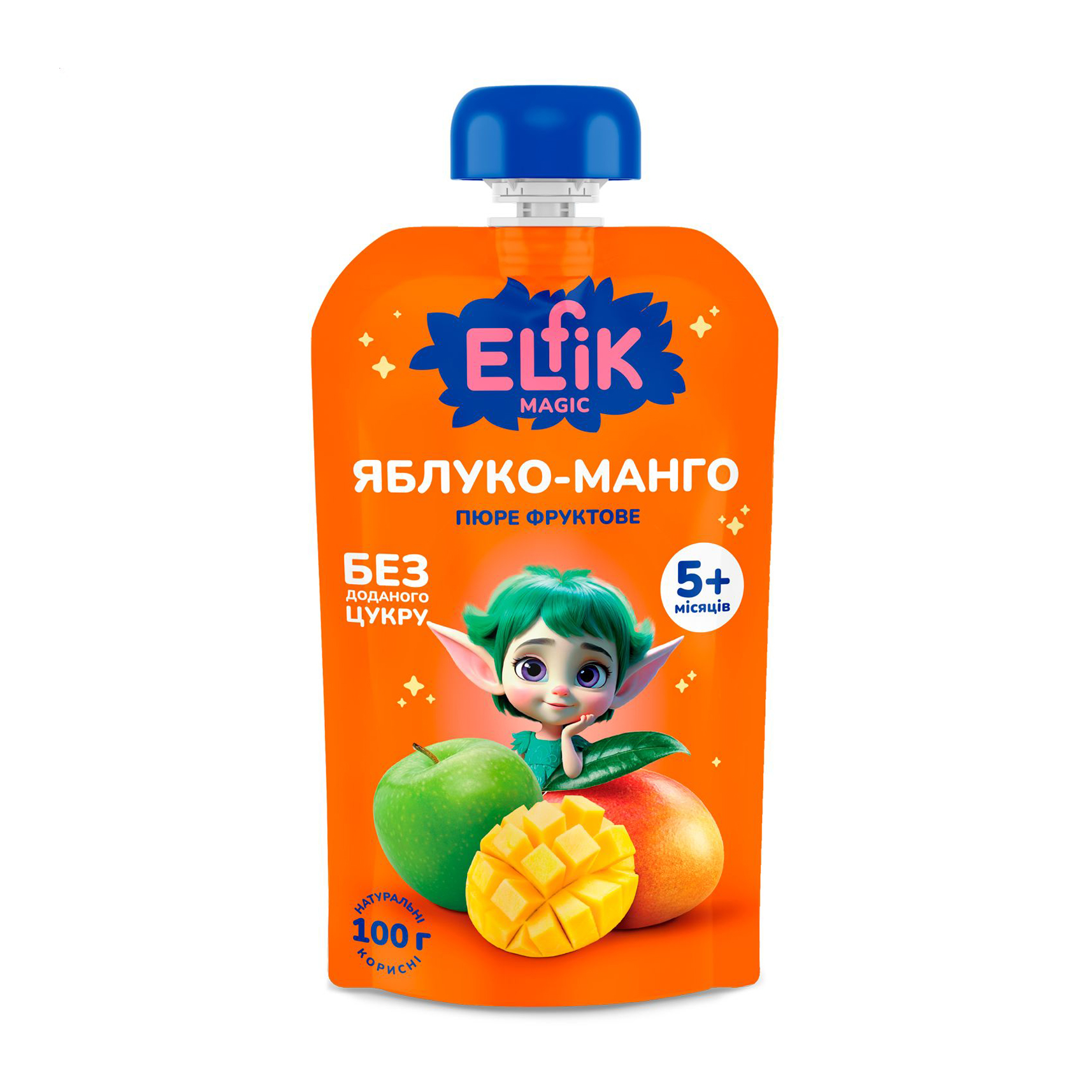 Дитяче фруктове пюре Elfik Magic Яблуко-манго, без доданого цукру, від 5 місяців, 100 г (дойпак)